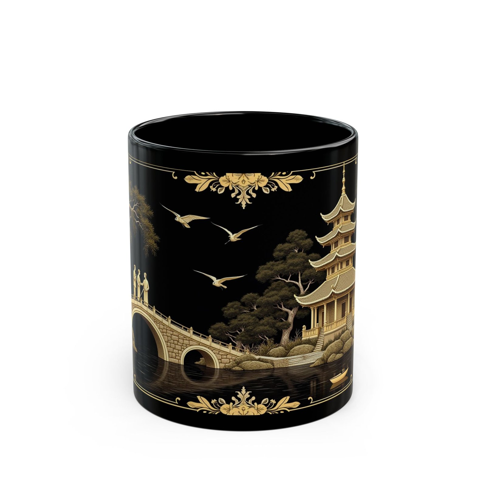 Gold Willow Black Ceramic Mug | Elegant Tea & Coffee Cup