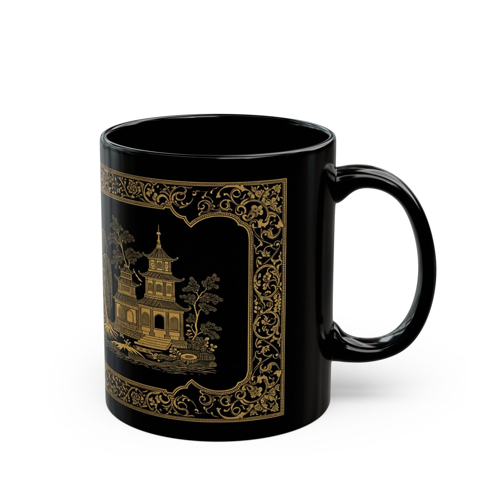 Gold Willow Style Black Mug – Elegant Asian Landscape & Vintage Ceramic Tea Cup - Image 2