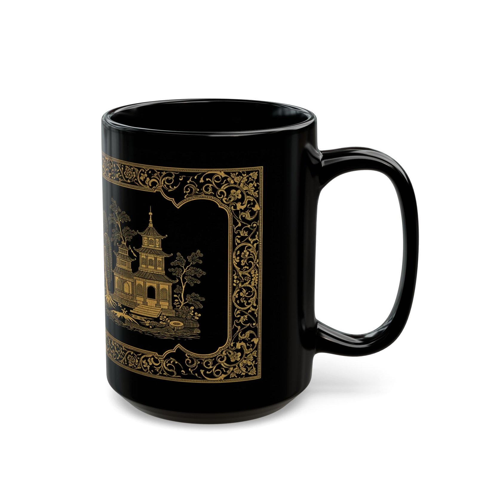 Gold Willow Style Black Mug – Elegant Asian Landscape & Vintage Ceramic Tea Cup - Image 6