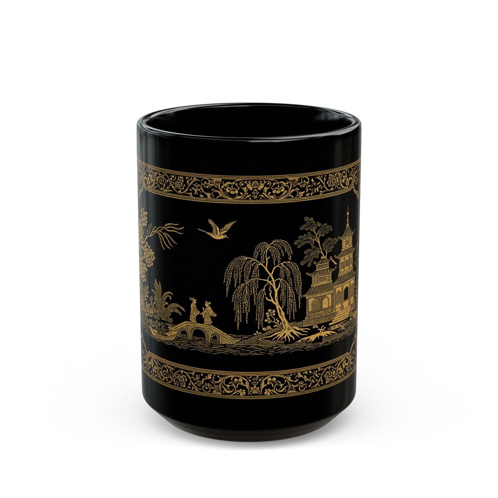 Gold Willow Style Black Mug – Elegant Asian Landscape & Vintage Ceramic Tea Cup - Image 5