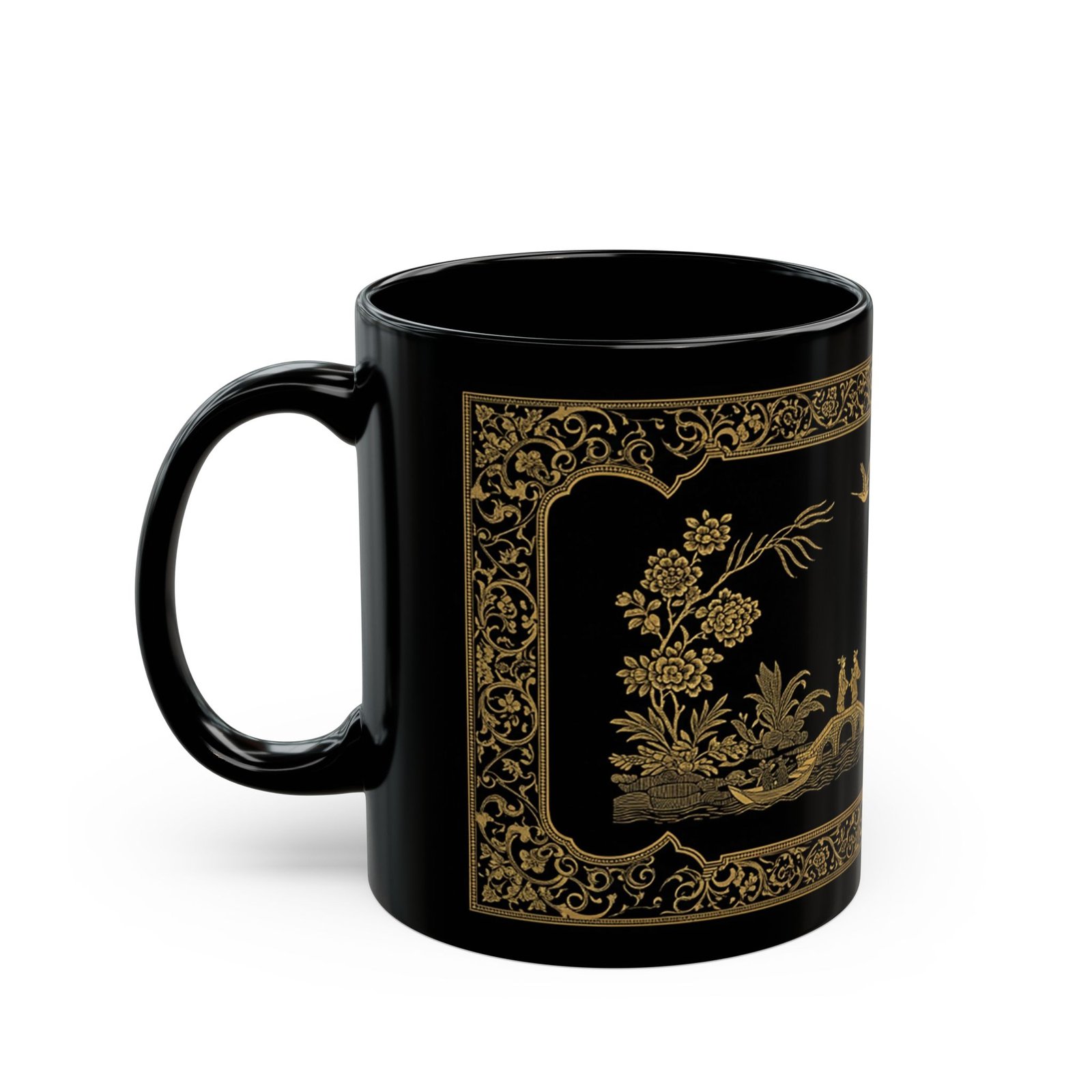 Gold Willow Style Black Mug – Elegant Asian Landscape & Vintage Ceramic Tea Cup - Image 3