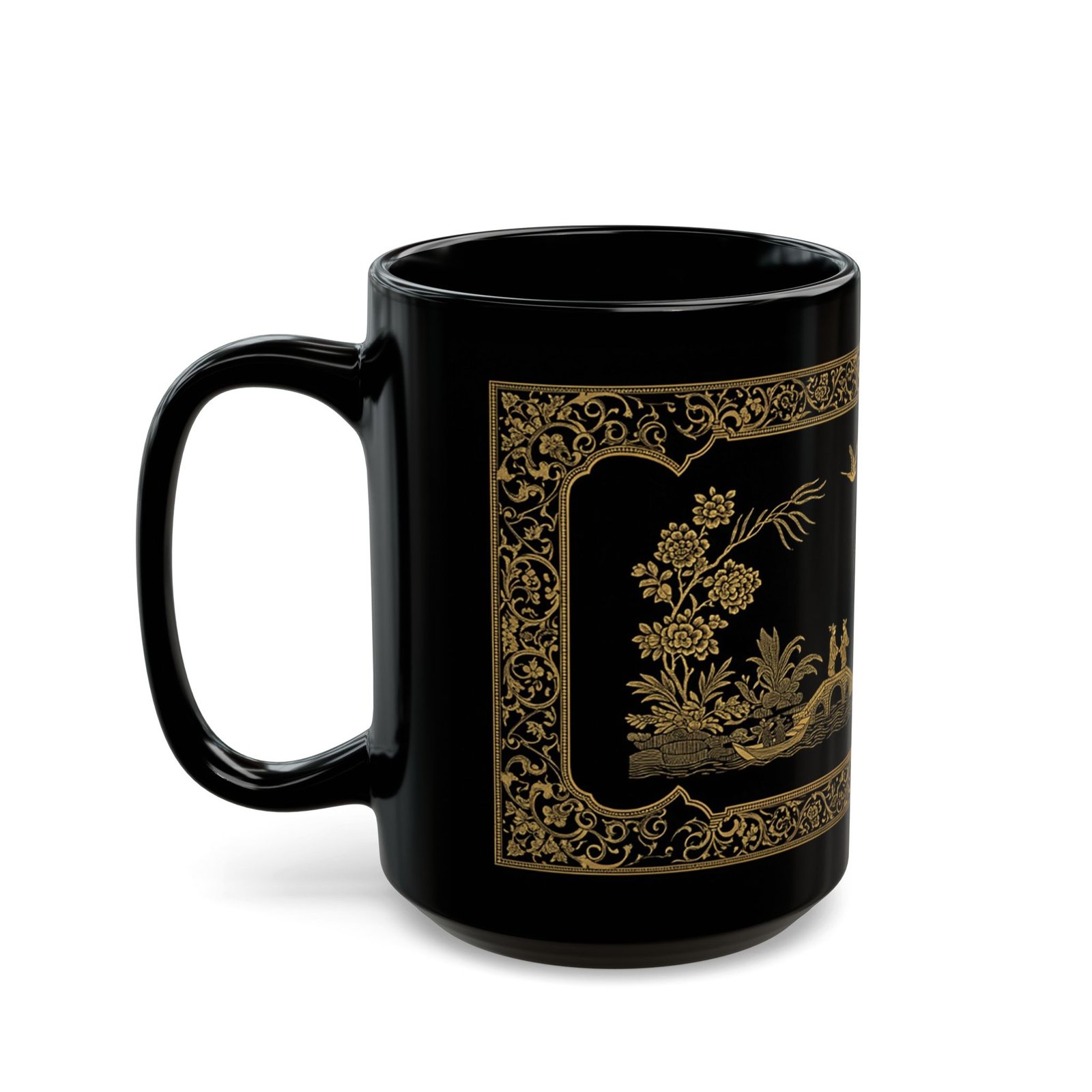 Gold Willow Style Black Mug – Elegant Asian Landscape & Vintage Ceramic Tea Cup - Image 7