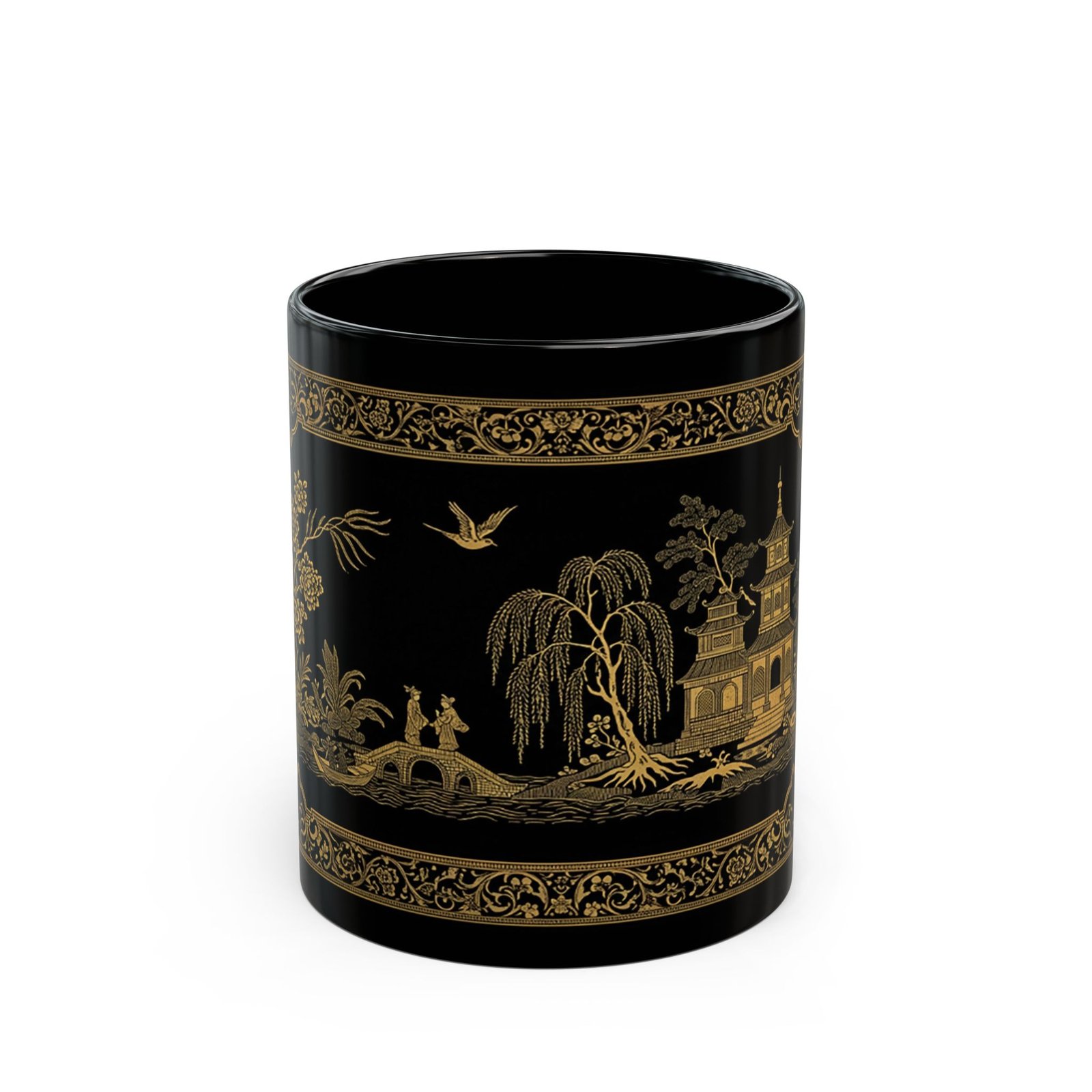 Gold Willow Style Black Mug – Elegant Asian Landscape & Vintage Ceramic Tea Cup