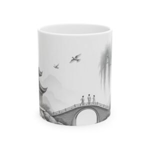 Vintage Style  Blue Willow Mug | Pencil Digital Art Print on Black Ceramic | 11oz & 15oz Antique Style | Blue Willow Inspired Art