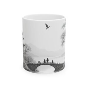 Blue Willow Art Coffee Mug | Pencil Digital Print on Black Ceramic | 11oz & 15oz Vintage-Inspired