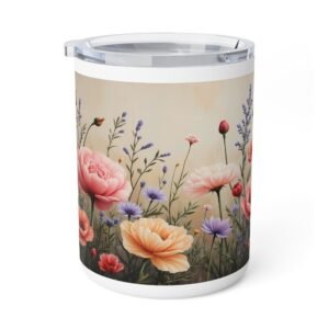 Elegant Floral Insulated Coffee Mug | 10oz Stainless Steel Mug | Vintage Botanical Art Travel Cup | Boho Wildflower Aesthetic Drinkware